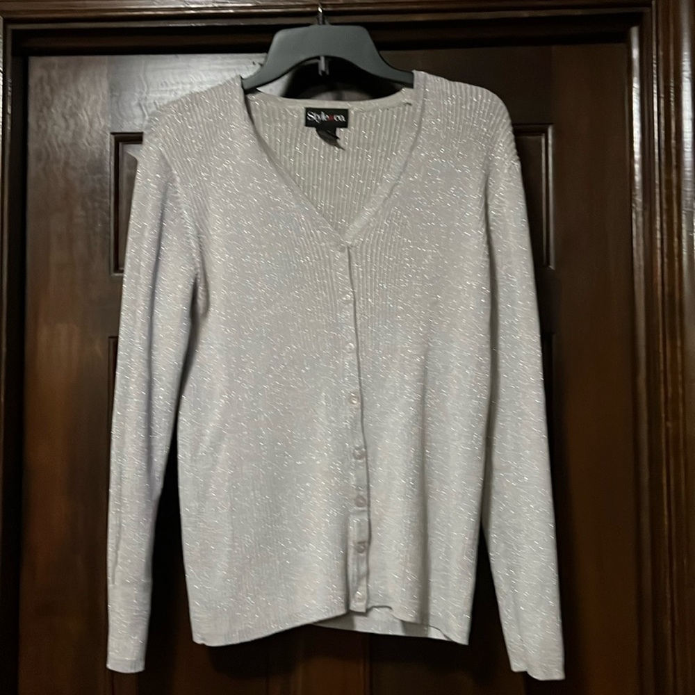 Silver glittery sweater size large. 24 inches long 18 wide